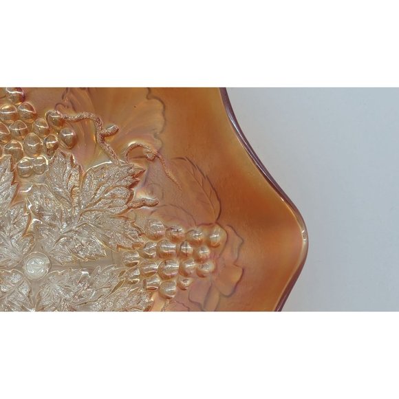 Northwood Grape Leaves Blossoms and Palms back pattern carnival glass dish light - Picture 2 of 16